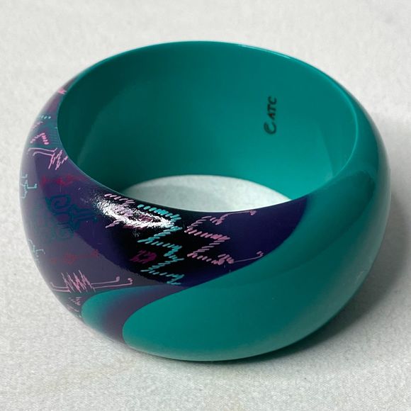 ATC Chunky Bangle Bracelet Wood Solid Green Abstract Multi Color Block - Picture 4 of 9